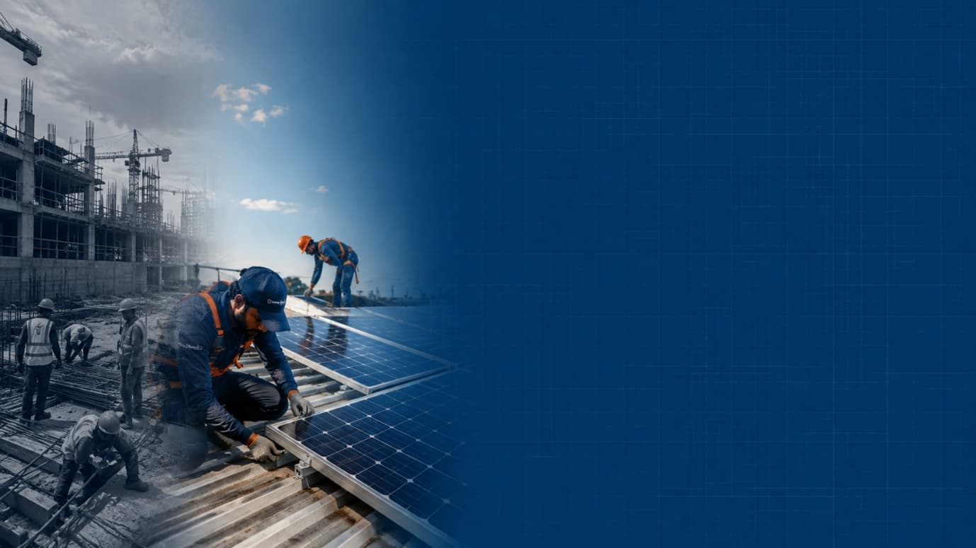 Greyscale construction site transitioning into a crew installing rooftop solar panels