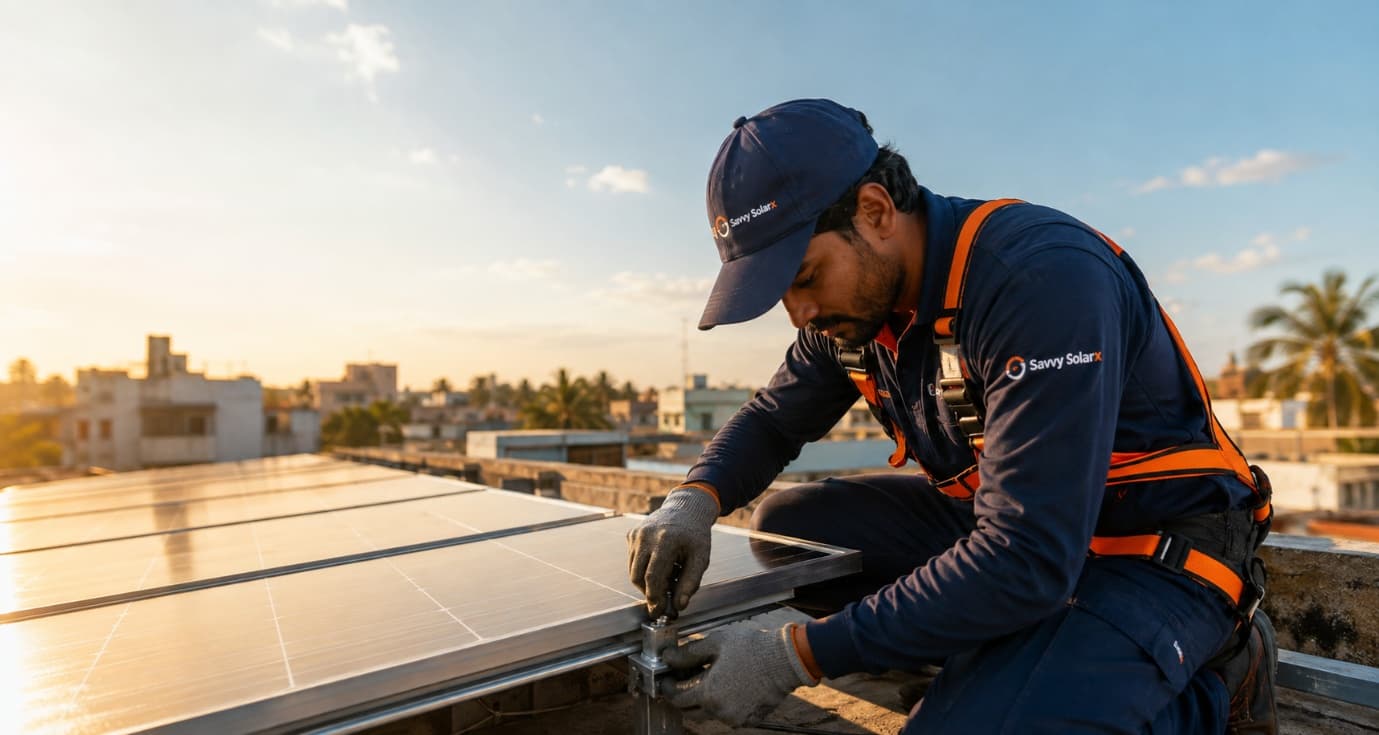 A Savvy SolarX Energies technician fastening a rooftop solar panel at sunrise