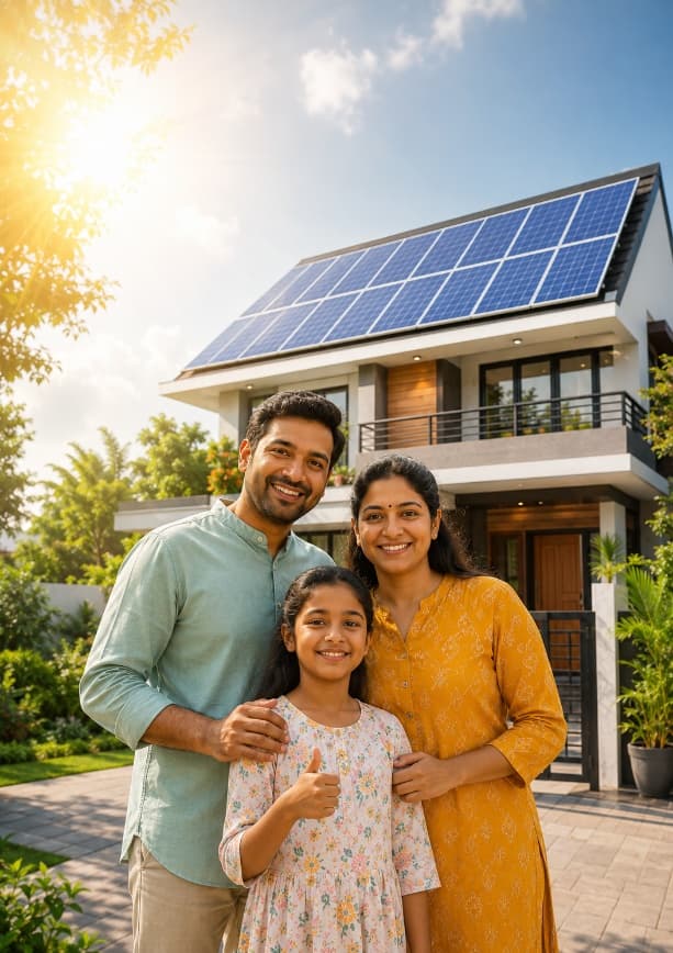 A family standing outside their home fitted with rooftop solar panels