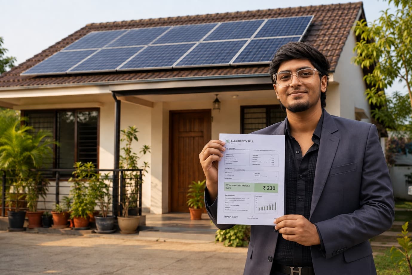 A homeowner holding an electricity bill for ₹230 outside a house with rooftop solar